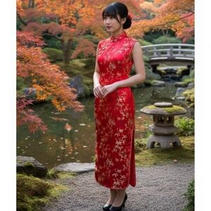 Binh Thuân Red Traditional Chinese Cheongsam Qipao Long Dress - Size L,